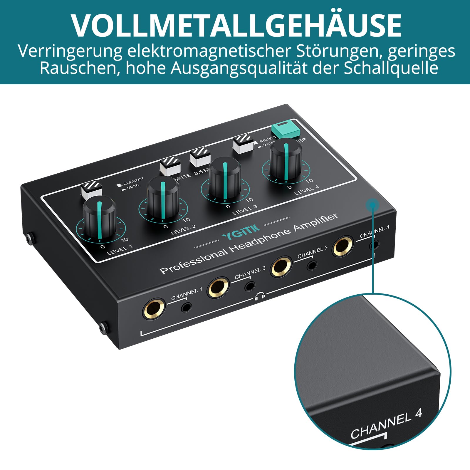 4 Kanal Professioneller Kopfhörerverstärker, tragbar Stereo-Audioverstärker mit RCA/ 3,5mm/ 6,35mm Eingang & 3,5mm/ 6,35mm Ausgang, Stumm, mit Netzteil Audiokabel, Ideal für Studio und Bühne