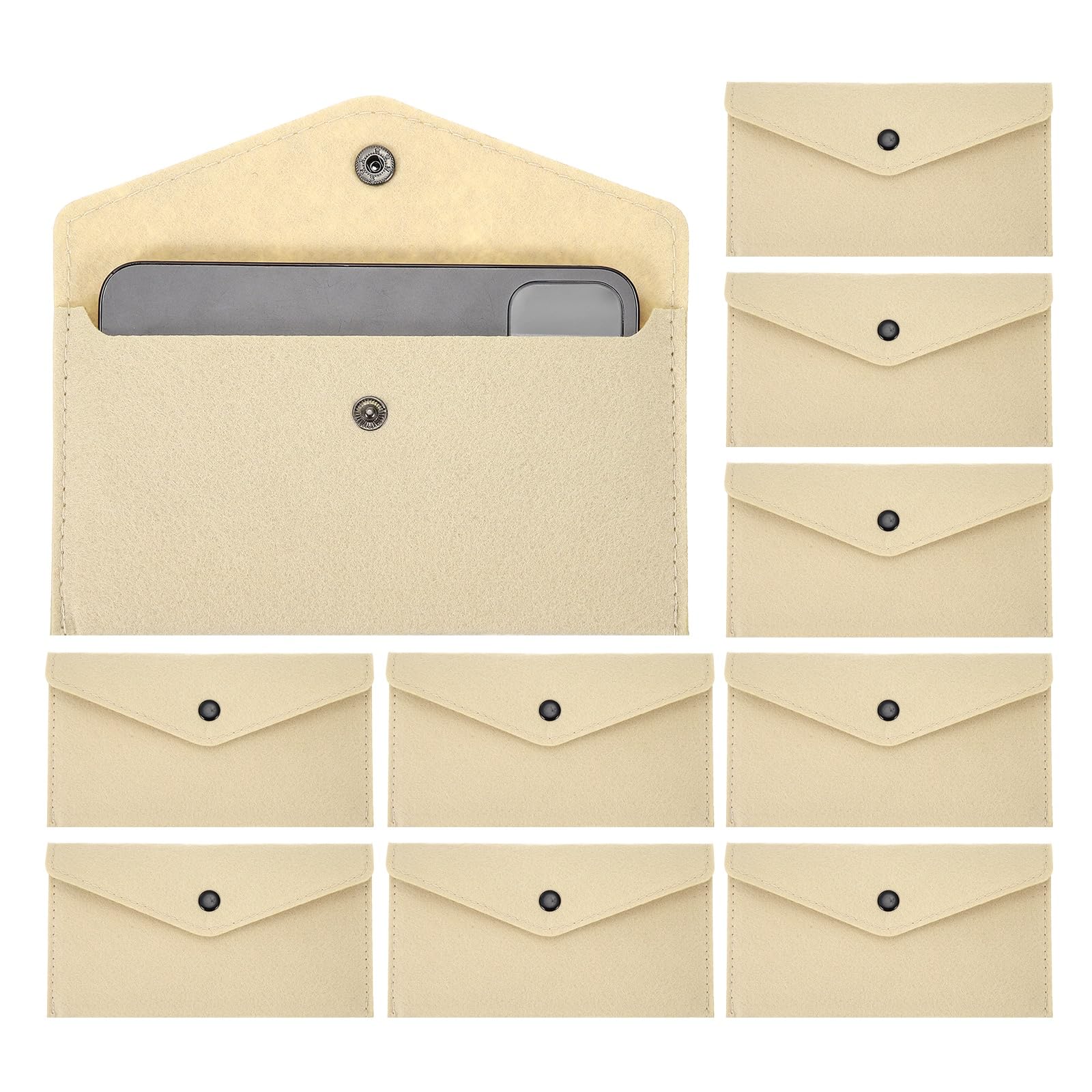 PATIKIL 10Pcs Felt Money Bag, Felt Cellphone Sleeve Case Pouch Cash Bag Button Closure Cash Envelope Wallet Storage Pouch for Card Pen Sunglasses, Beige Khaki