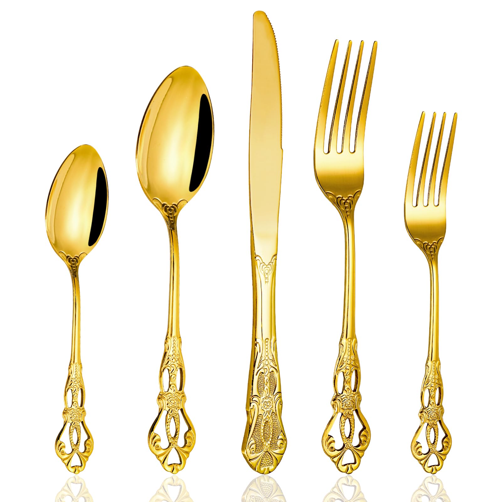 40 Pieces Gold Silverware Set for 8, Retro Royal Utensils Set Gold, Stainless Steel Flatware Dinnerware Set Including Forks Spoons and Knives Cutlery Set for Kitchen Wedding Party