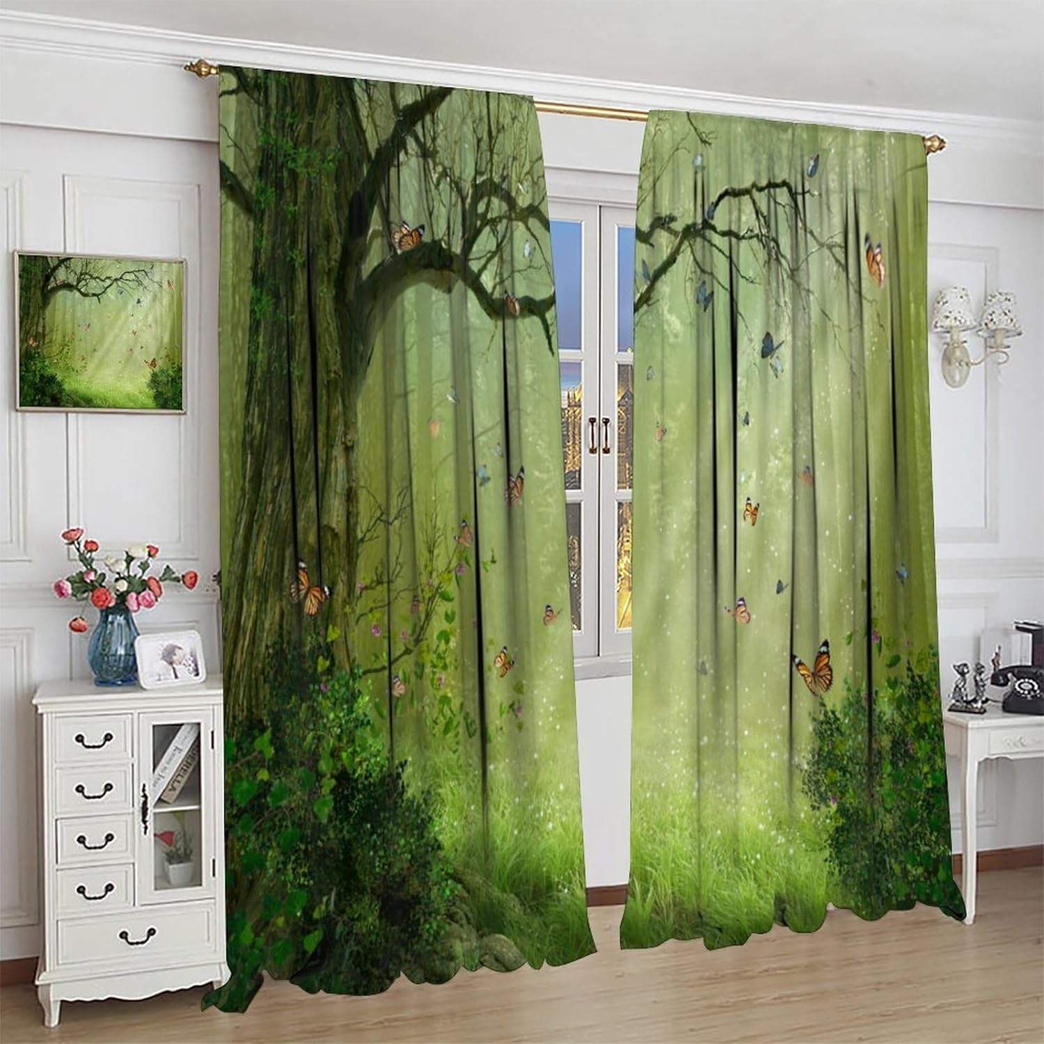 Forest Curtains, Fantasy Natural Forests Tree Butterflies Pattern Blackout Window Treatments, Rod Pocket Thermal Insulated Drapes 2 Panel Sets for Bedroom Living Room, 84" W X 84" L