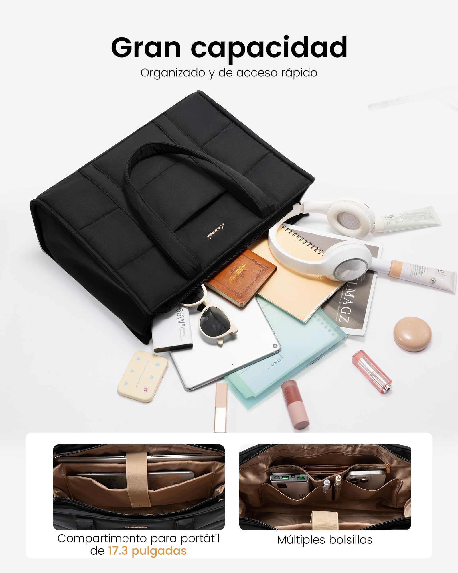 LOVEVOOK Bolso Mujer Grande, Puffer Bolso Tote Bag Bolsos para Universidad Shopper, Bolso Portatil Ordenador para Trabajo Oficina Universitarias