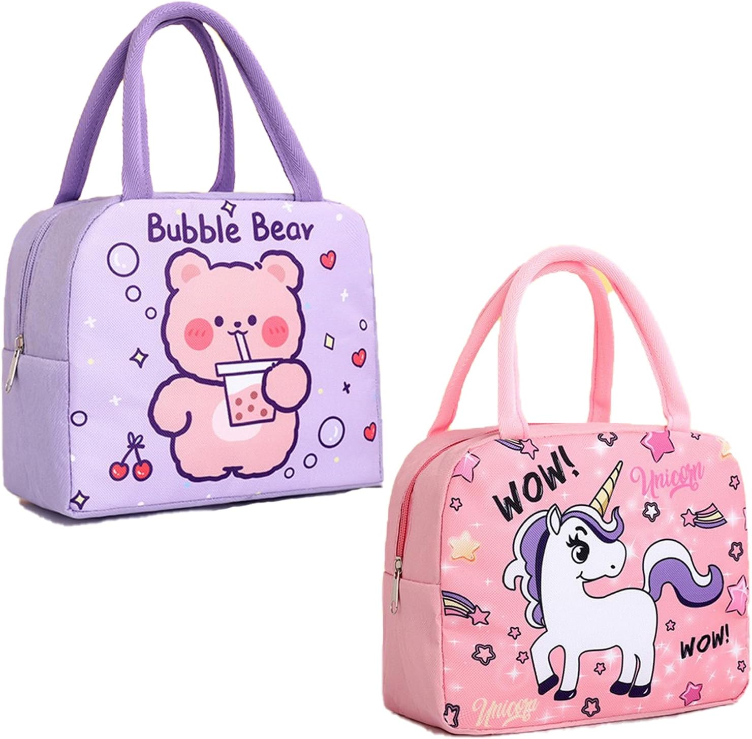 2 Packs Kids Lunch Bag for Girls Boys, School Reusable Lunch Bag Box for Kids, Insulated Lunch Tote Bag with Durable Handle for Children Travel Picnic