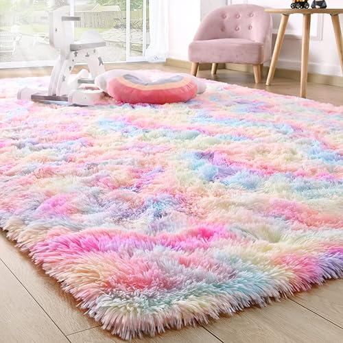 Ompaa Alfombra suave y esponjosa de arcoíris para dormitorio de niñas, 6 x 9 pies, decoración de habitación de unicornio pastel, alfombras Kawaii de