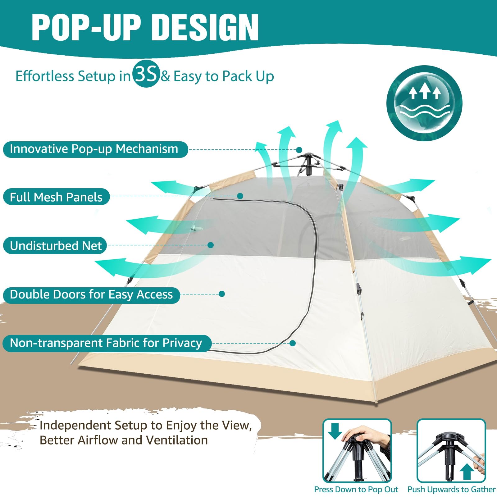 Chihee Namiot kempingowy typu pop-up, przenośny namiot, namiot rodzinny, 2 drzwi, natychmiastowy montaż, bardzo duży, odporny na warunki atmosferyczne namiot na 4 pory roku, namiot z osłoniętą werandą