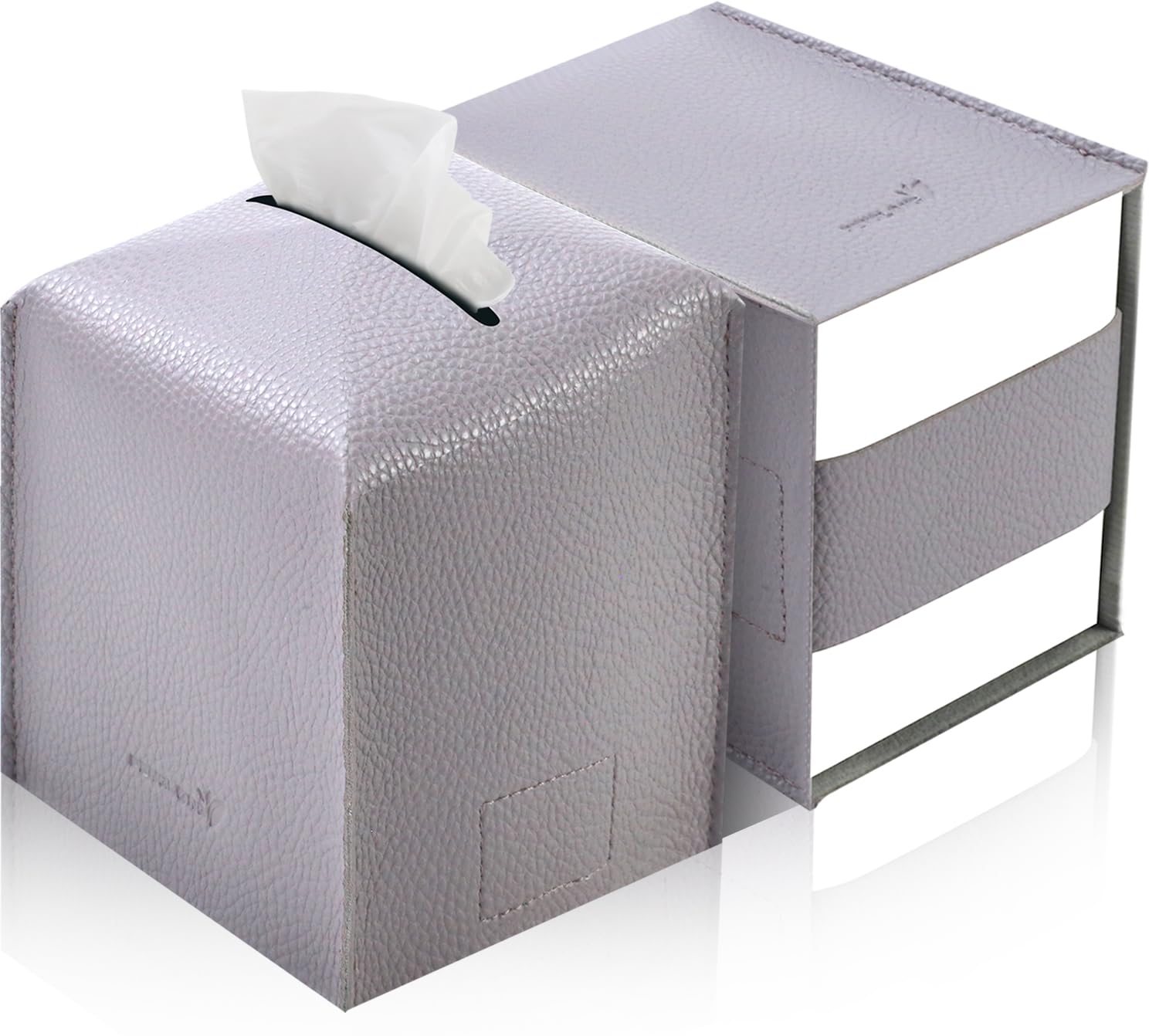 PENGLONG Tissue Box Cover 5X5X5'' PU Leather Tissue Holder Square Tissue Cube Box Organizer for Bathroom Vanity Countertop, Car, Night Stands, Office, Home, Kitchen (2Pack, Light Bray Purple)