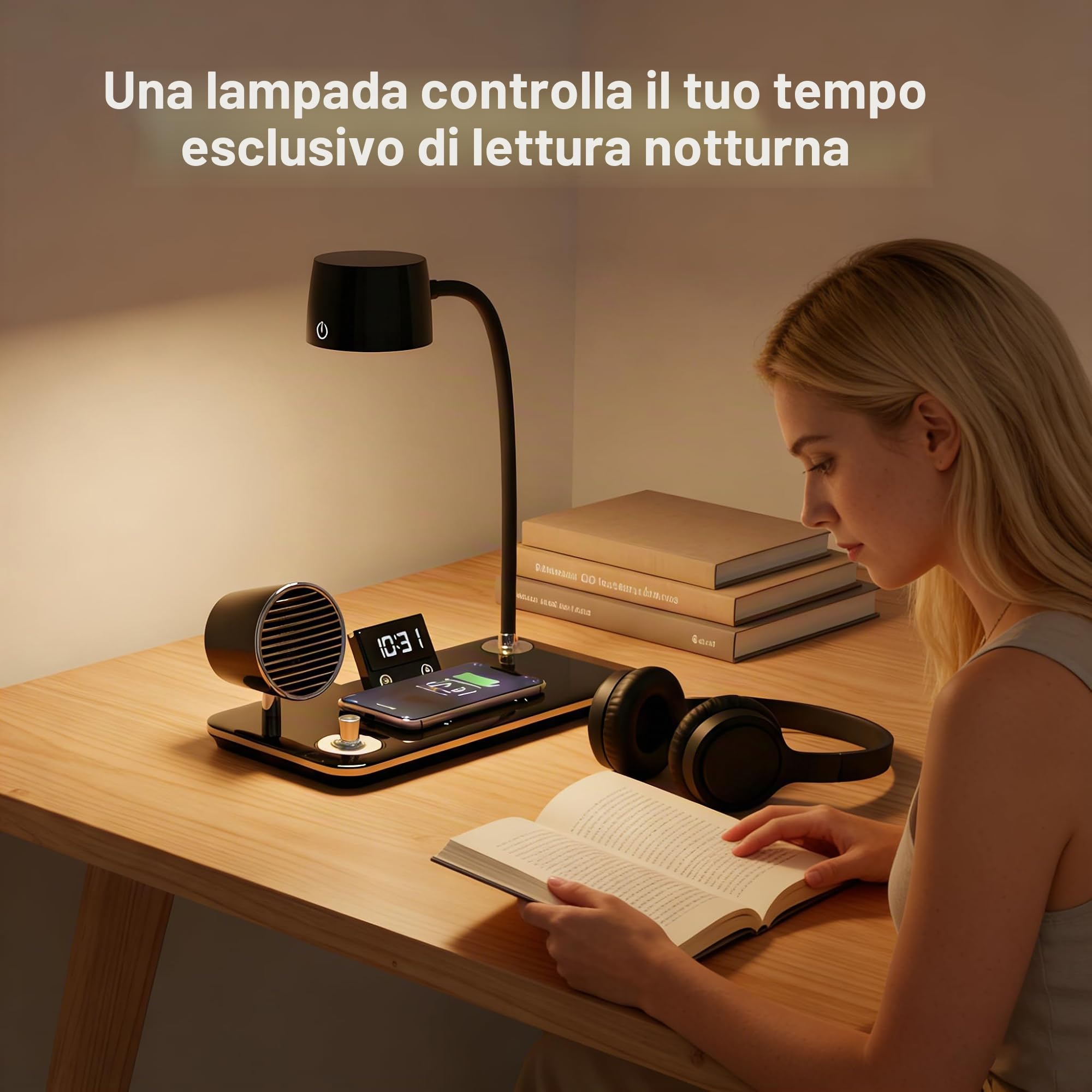 Lampada da Scrivania LED con Ricarica Wireless 15W, 500 LUX | Lampada da Tavolo Ufficio, Cassa Bluetooth e Sveglia, Braccio Flessibile, USB per Studio, Lettura, lavoro, Nero