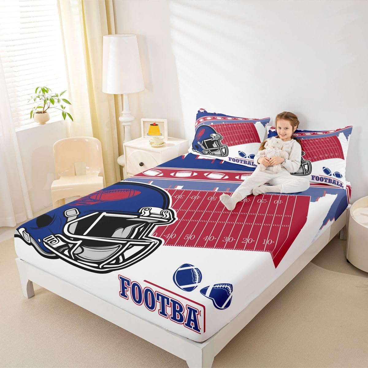 Erosebridal Football City Bedding Set Twin Rugby Football Fans Sheet Set Gifts for Boys Teen,Sports Rugby Gaming Kids Bed Sheets Red Navy Blue Fitted Bed Sheets,3 Pcs
