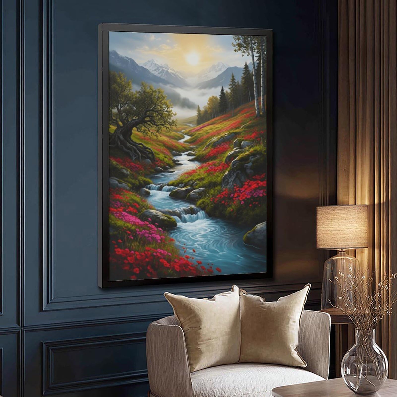 Mnyuein Póster de paisaje de bosque, montañas y flores silvestres, 1 póster en lienzo, decoración de pared, pinturas para sala de estar, dormitorio, marco negro, 12 pulgadas de largo x 18 pulgadas de