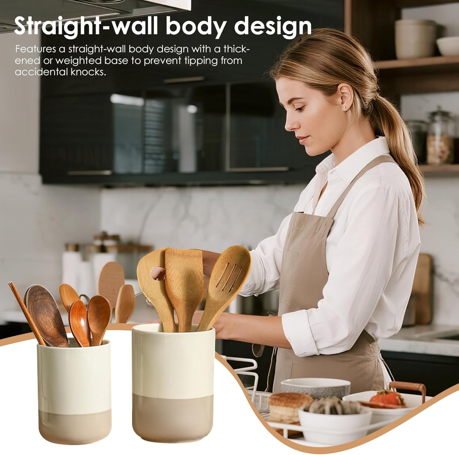 Ceramic Utensil Holder Set, 6.3''+5.3'' Cooking Utensil Crocks for Kitchen Counter, Modern Design Cooking Tool Organizer Set of 2, 800ml+1300ml Ideal for Spatula, Cutlery, Makeup, Flower Vase