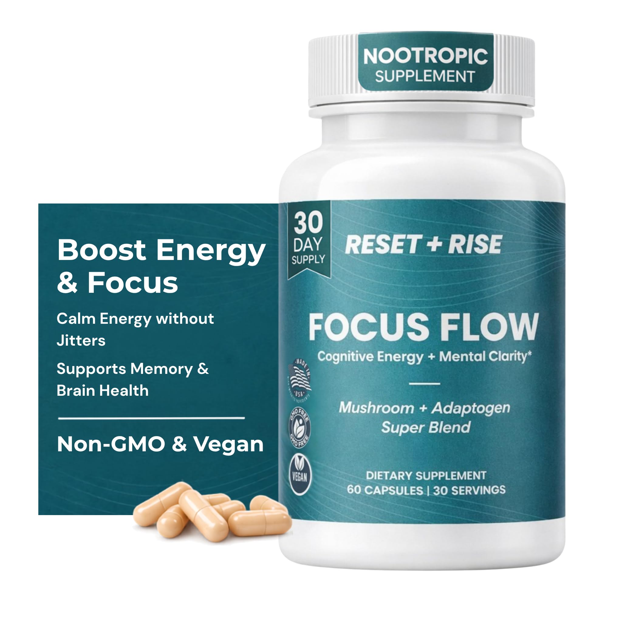 Reset+Rise Suplemento fitoterápico para foco com L-tirosina 250 mg, extrato de Rhodiola rosea 100 mg, cafeína 50 mg, L-teanina 50 mg, extrato de juba-de-leão 500 mg, extrato de Cordyceps 400 mg e vitamina B5 10 mg — 60 cápsulas