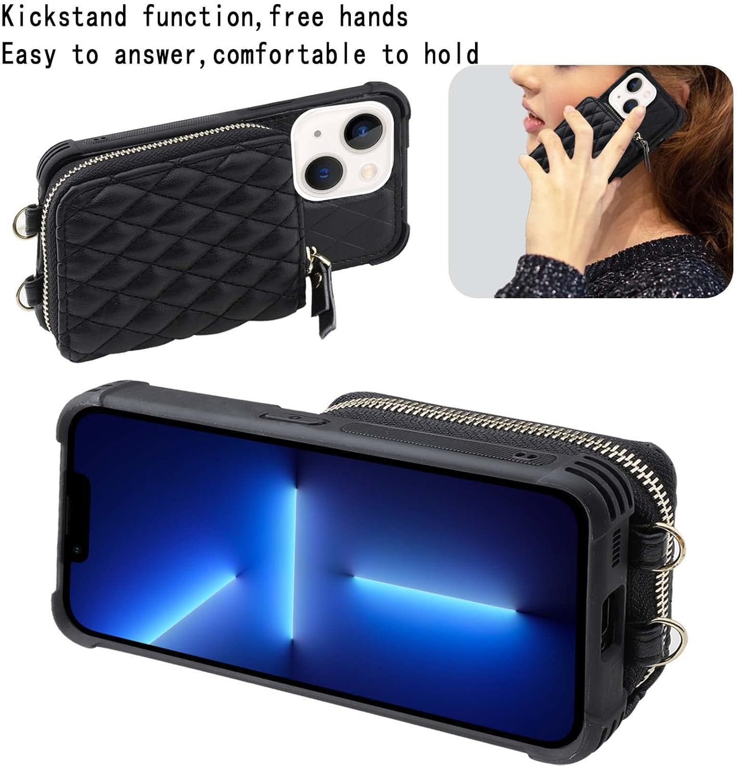 MONASAY Zipper Wallet Case Fit for iPhone 13,[Glass Screen Protector ][RFID Blocking] Flip Leather Handbag Phone Cover with Card Holder and Detachable Crossbody Shoulder Lanyard Strap, Black