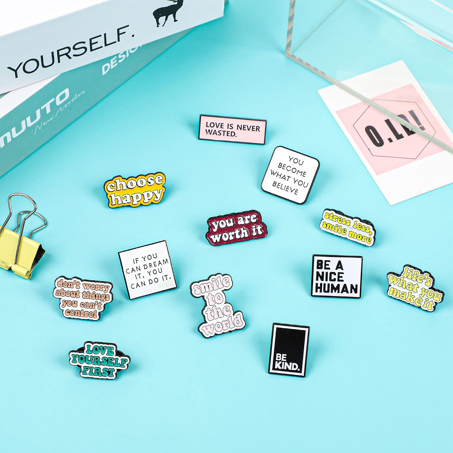 26 PCS Positive Letter Enamel Pins Inspirational Saying Brooch Pins Motivational Phrase Enamel Lapel Badges Positive Saying Enamel Pin Set with Storage Bag for Backpacks Clothing Hats Decor