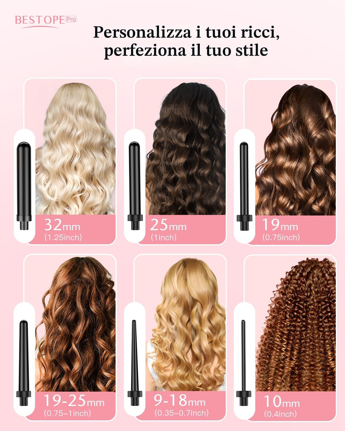 Set Ferro per Capelli, BESTOPE PRO 6 in 1 Cono per Capelli (10-32mm), Riscaldamento Rapido (30s), 2 Temperature per Tutti i Capelli, Spegnimento Automatico 60min