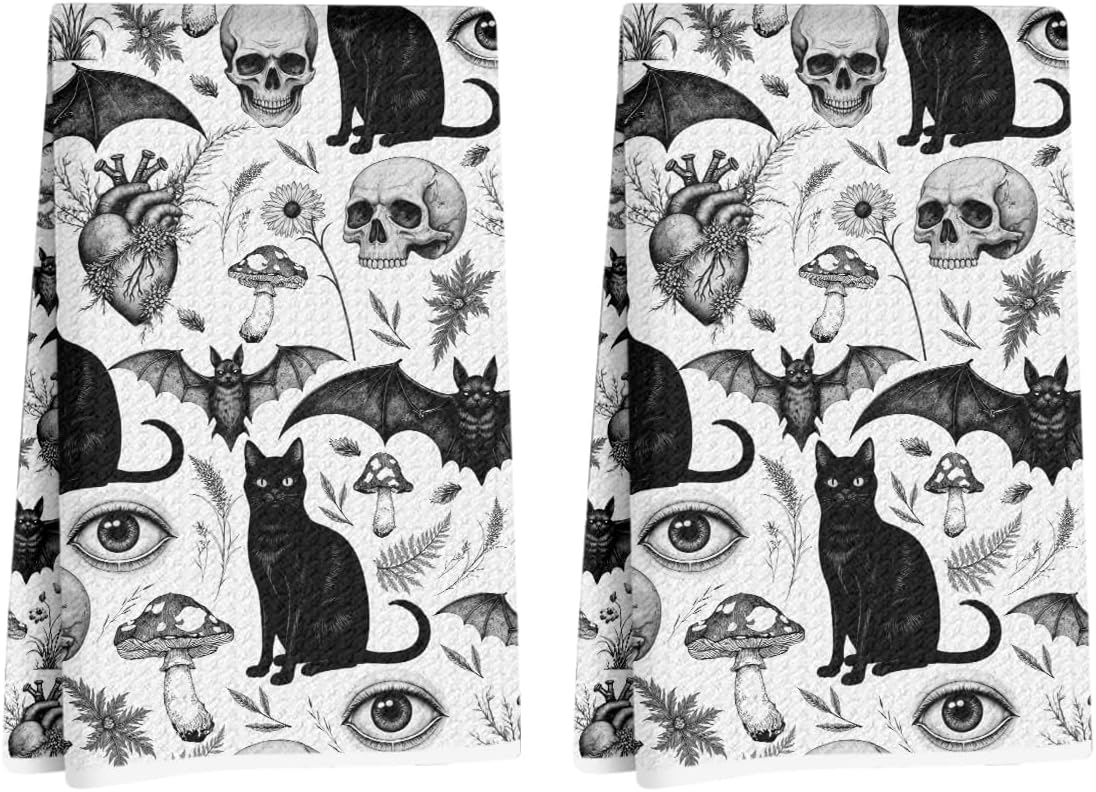 2 Pcs Skeleton Cat Kitchen Towels, Mushroom Durable Microfiber Tea Towels