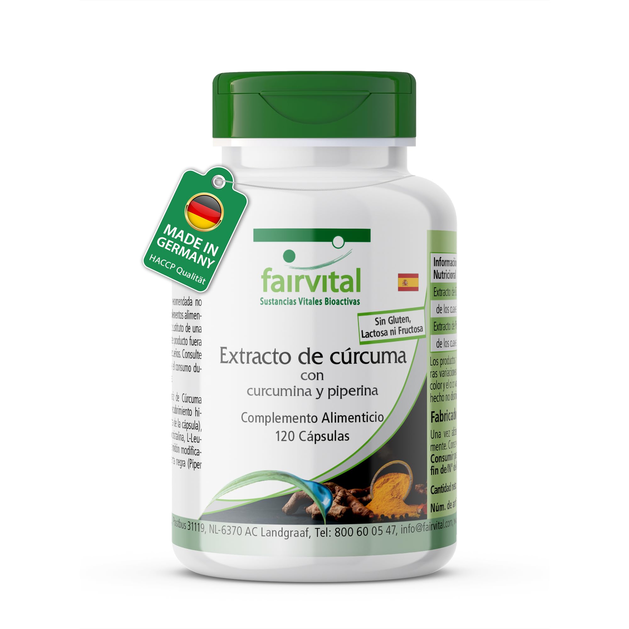 fairvital Cápsulas de cúrcuma, 500mg de extracto de cúrcuma por cápsula, 120 cápsulas, ALTA DOSIS, curcumina al 95% con bioperina (piperina)