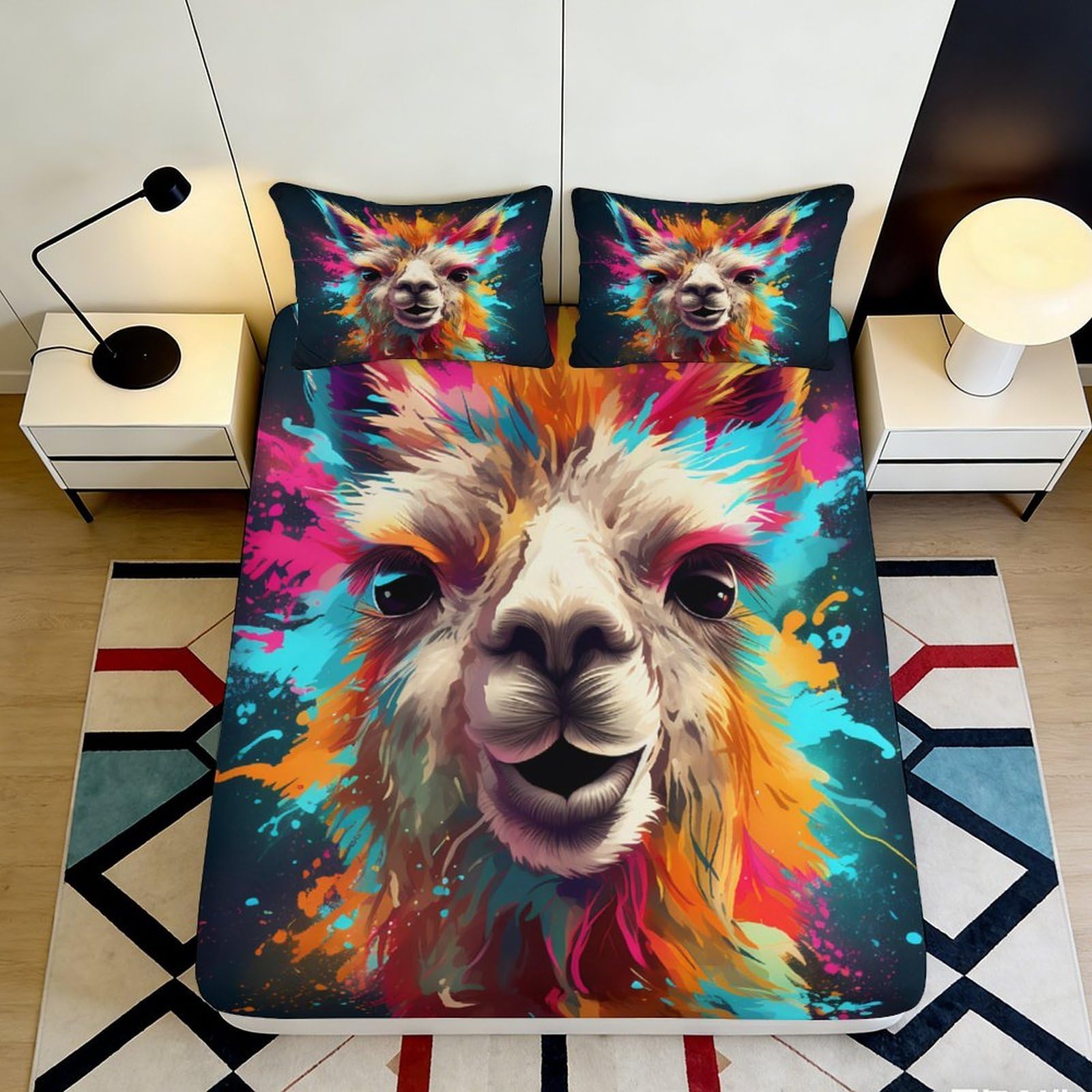 Uxinyoume Style-7 3D Printed Colorful Llama Fitted Sheet Microfiber Soft Bedroom Decor Abstract Alpaca Bed Cover Mattress Protection 90X200x25cm