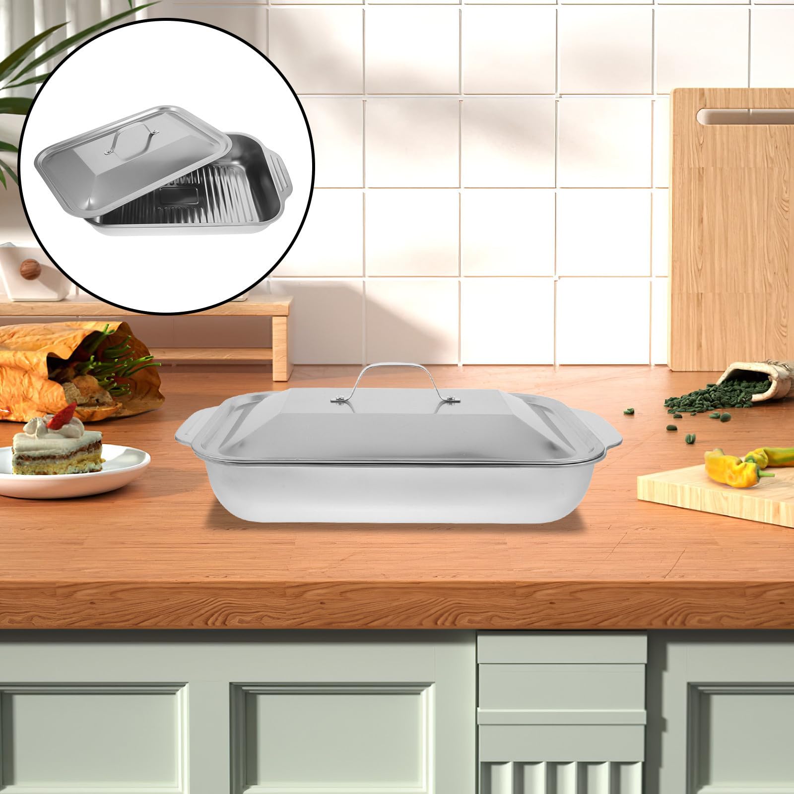 Zerodeko Sartén Rectangular de Acero Inoxidable para Asar Pescado con Estructura Profunda y Distribución Uniforme de Calor Adecuado para Cocina en Casa o Restaurante