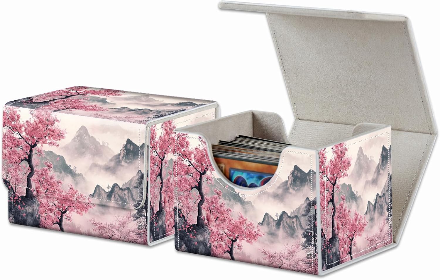 Strong Magnet Card Case Deck Box Mtg Card Box Playing Card Box Tcg Up to 200 Cards Creative Pattern Trading Card Storage Box for Collectible Card Games, Pink Trees And Mountains