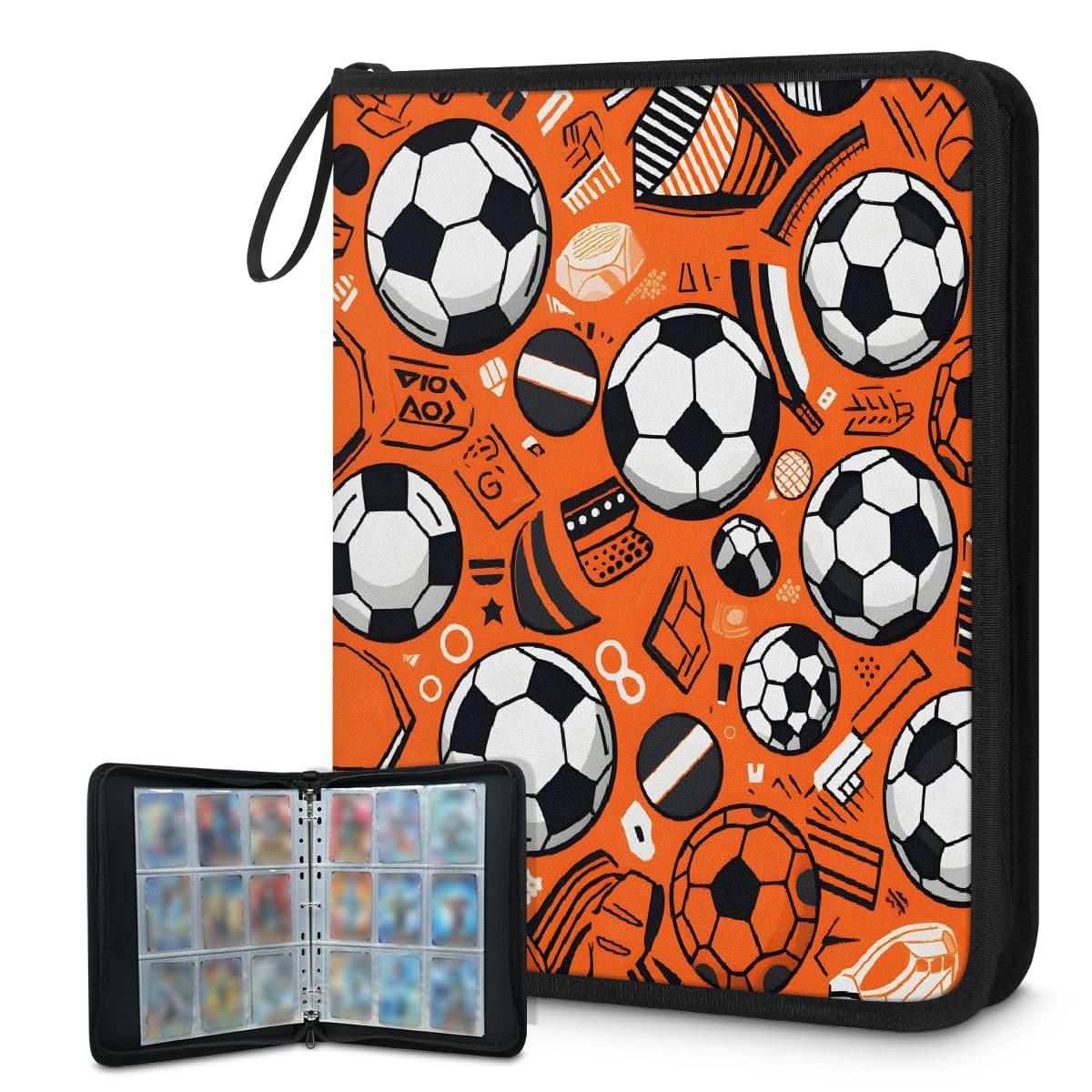 Mexpekil Classeur de cartes de football orange 9 poches avec 50 pages à chargement latéral pour 900 cartes, fermeture éclair, album de cartes à collectionner étanche