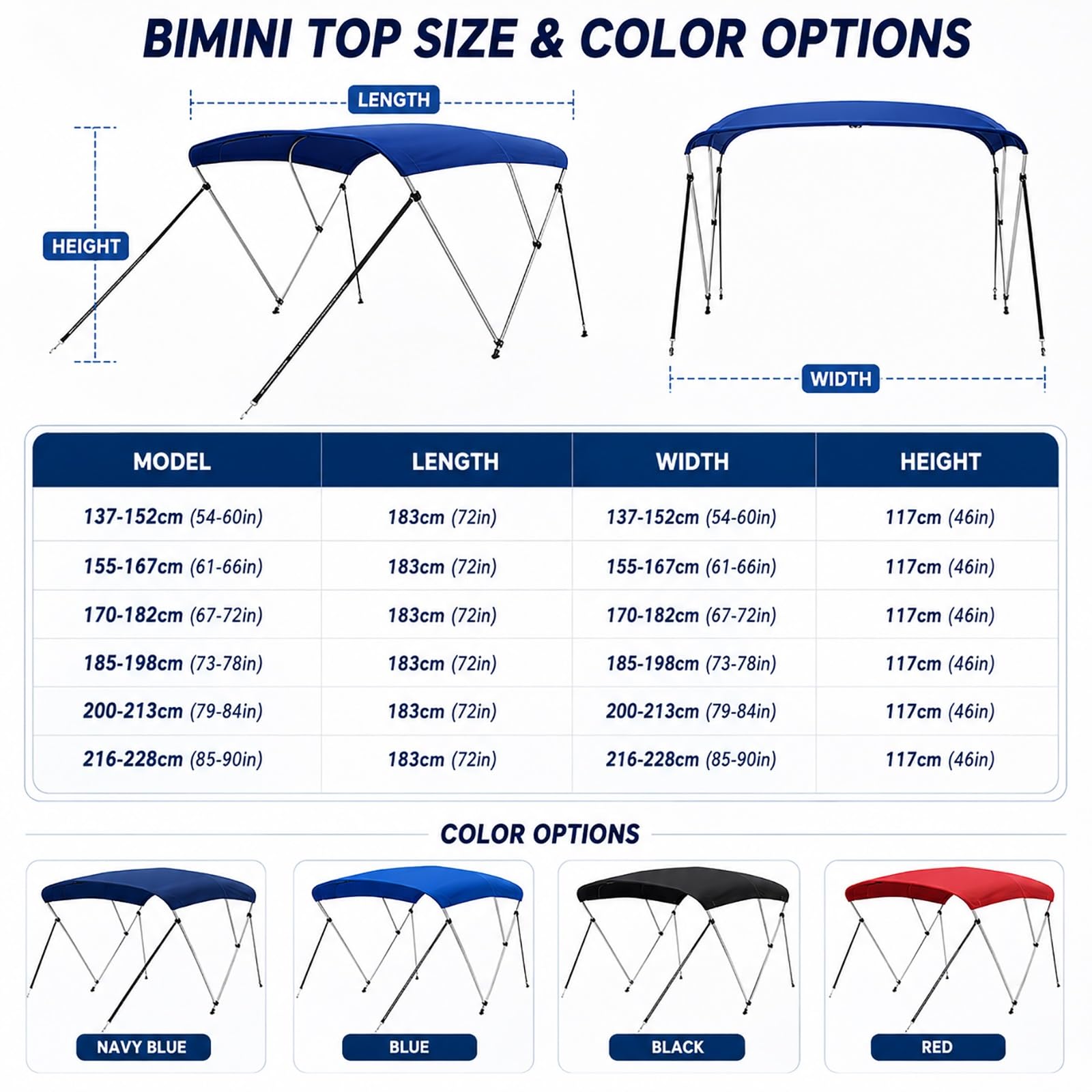 Tendalino Bimini a 3 Archi per Barca, Tendalini di Barche in Poliestere 650D con Telaio in Alluminio Antivento, Parasole Pieghevole per Pontone e Pesca