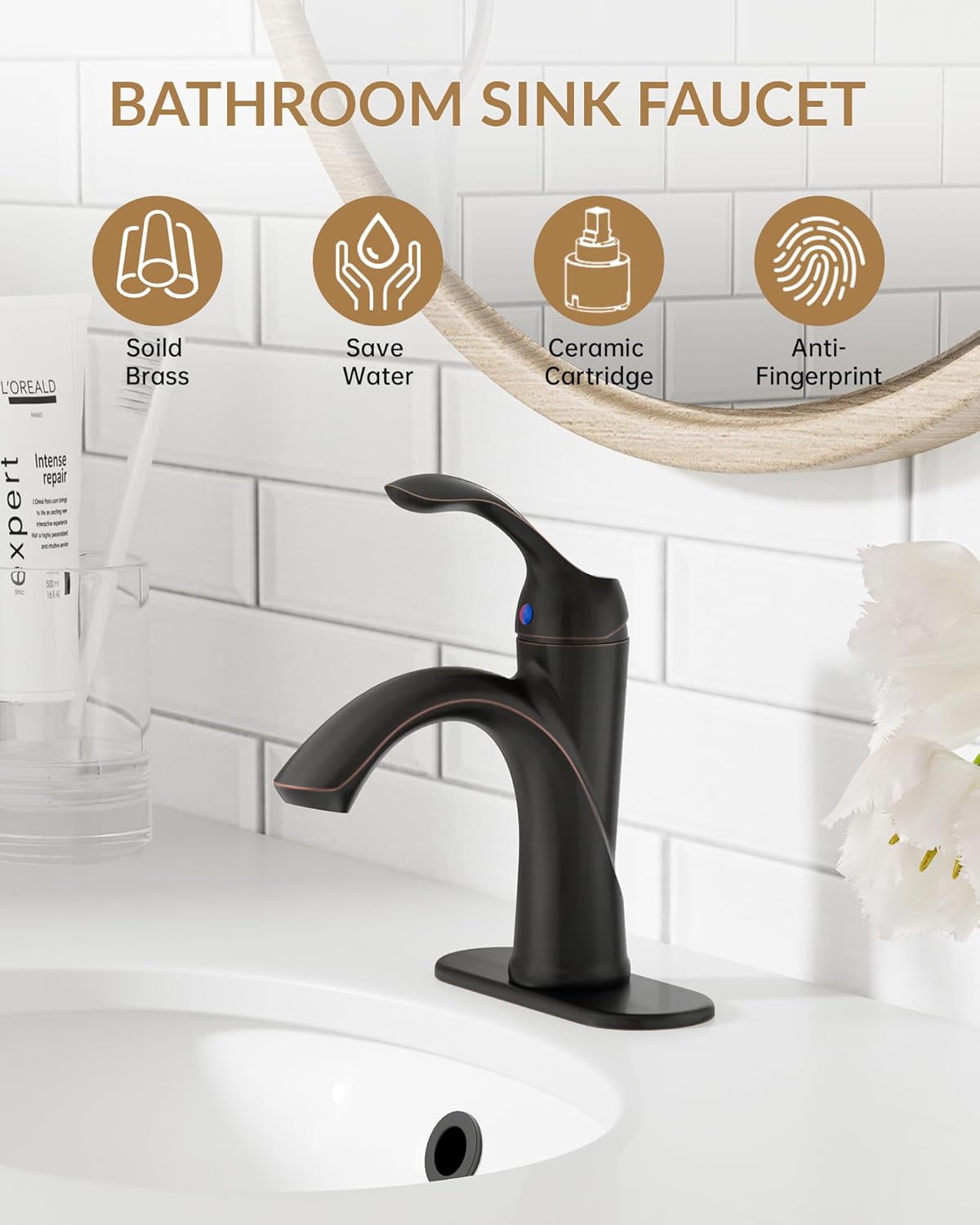 Bathroom Sink Faucet 1 Hole Oil Rubbed Bronze Single Handle Bathroom Faucets Farmhouse RV Lavatory Vanity with Pop Up Drain Parts with Overflow