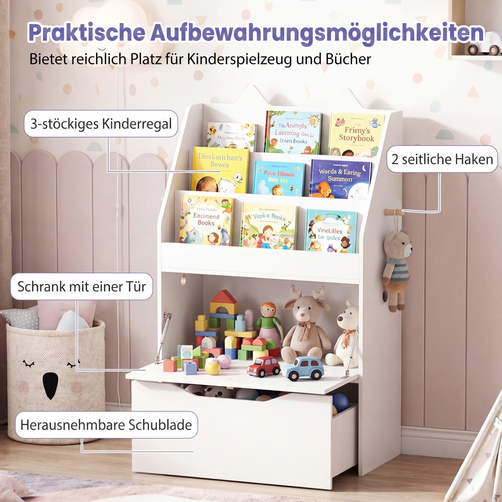 COSTWAY Regał na książki dla dzieci z tablicą do pisania kredą i szufladą na kółkach | Regał dziecięcy w kształcie kota, regał na zabawki z 3 półkami, szafką i 2 haczykami, regał na książki dla dzieci od 3 lat