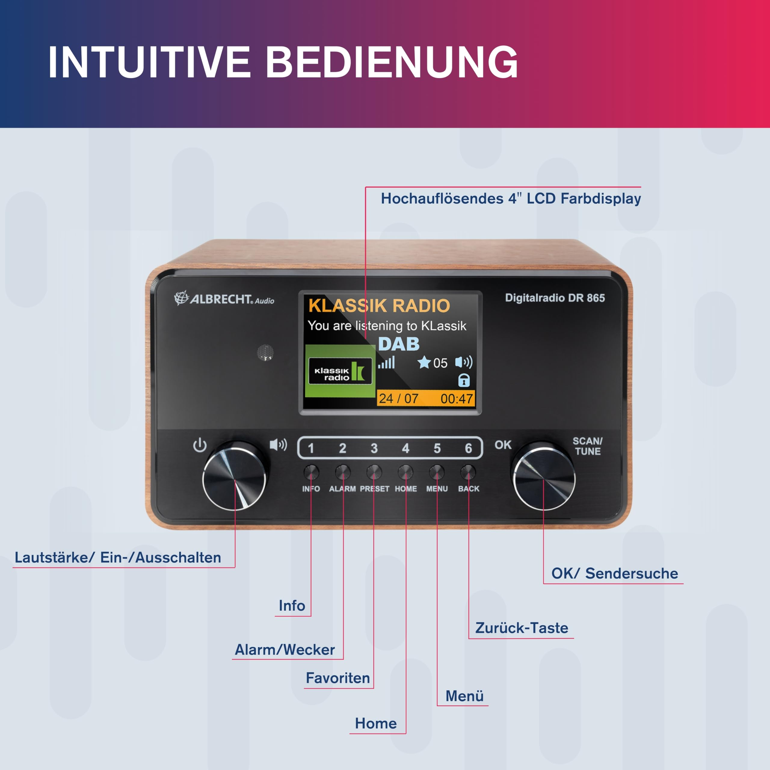 Albrecht DR 865 Senioren-Radio mit 4" Farbdisplay, rauschfreies DAB+ Digital-Radio mit brillantem Klang, seniorengerechte Bedienung, Kompakt-Anlage, mit ASA-Warnmeldungen
