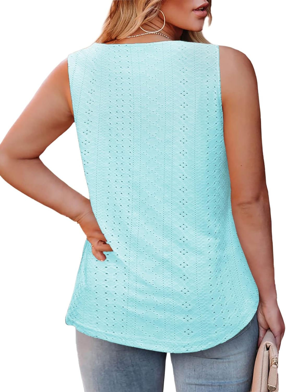 ROSRISS Plus-Size-Tank-Tops Summer Sleeveless Loose Fit Pleated Shirts Square Neck Tunics Eyelet Flowy Tees - Image 3
