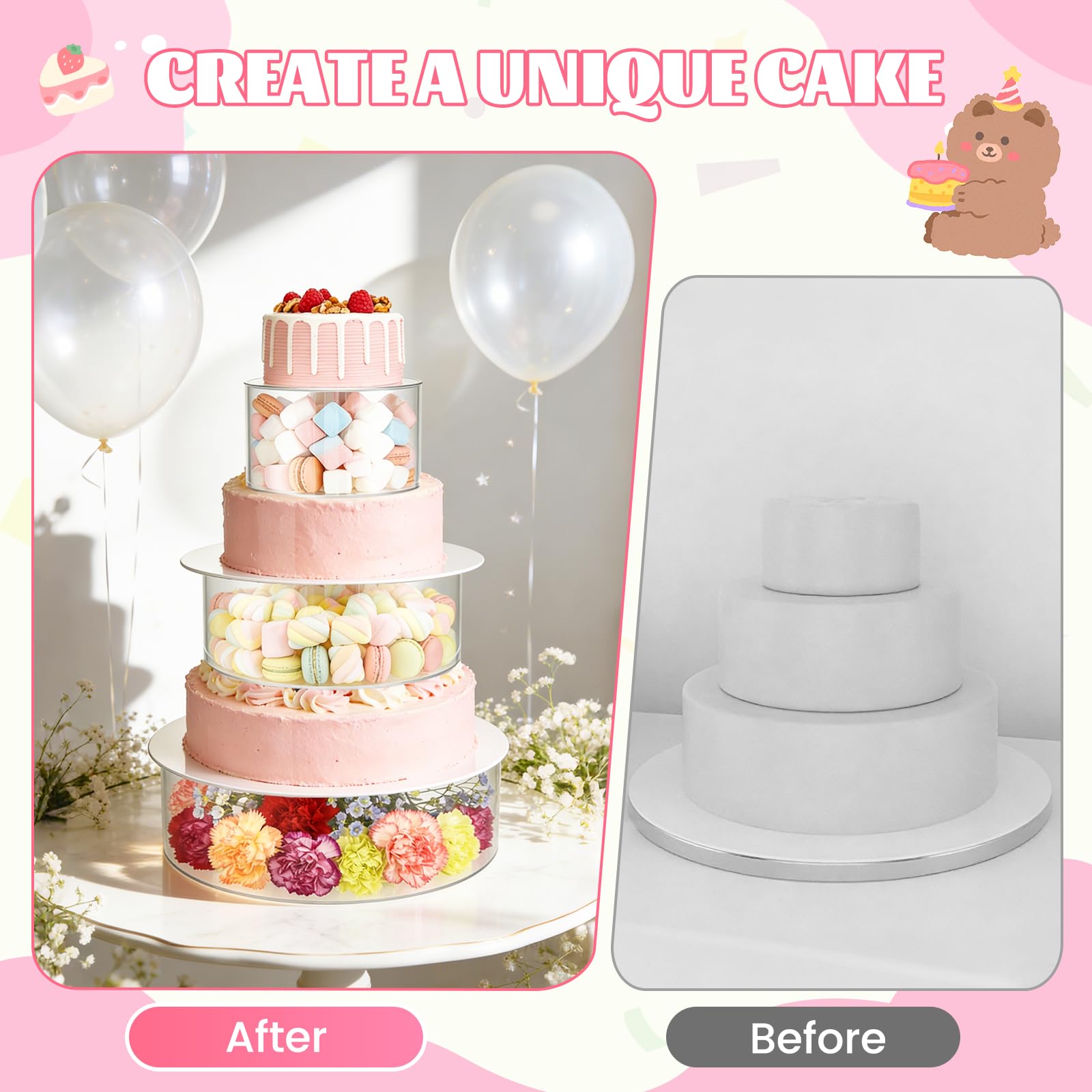 Espositore per torta a 3 ripiani in acrilico, vassoio per torte rotondo trasparente riempibile con 3 strisce luminose a LED (batterie non incluse) scatole impilabili per matrimoni, feste