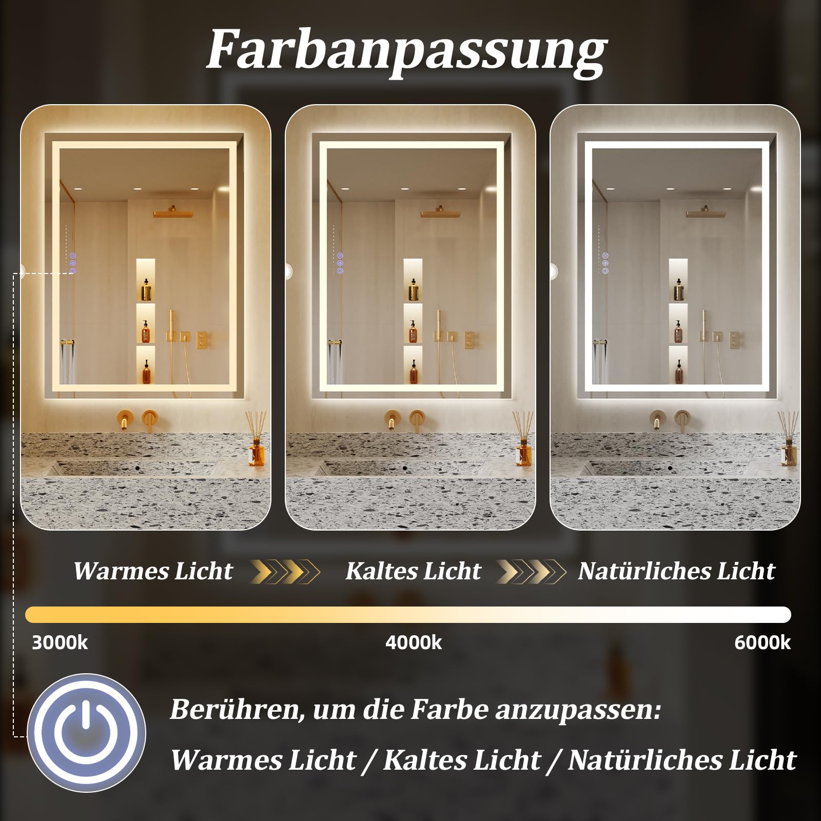 Koonmi 70x50 cm LED Badezimmerspiegel - 3 Einstellbare Beleuchtungsmodi, Beleuchteter intelligenter Badezimmer Spiegel mit Front- und Rücklicht, Memory-Funktion, wandmontiert horizontal und vertikal