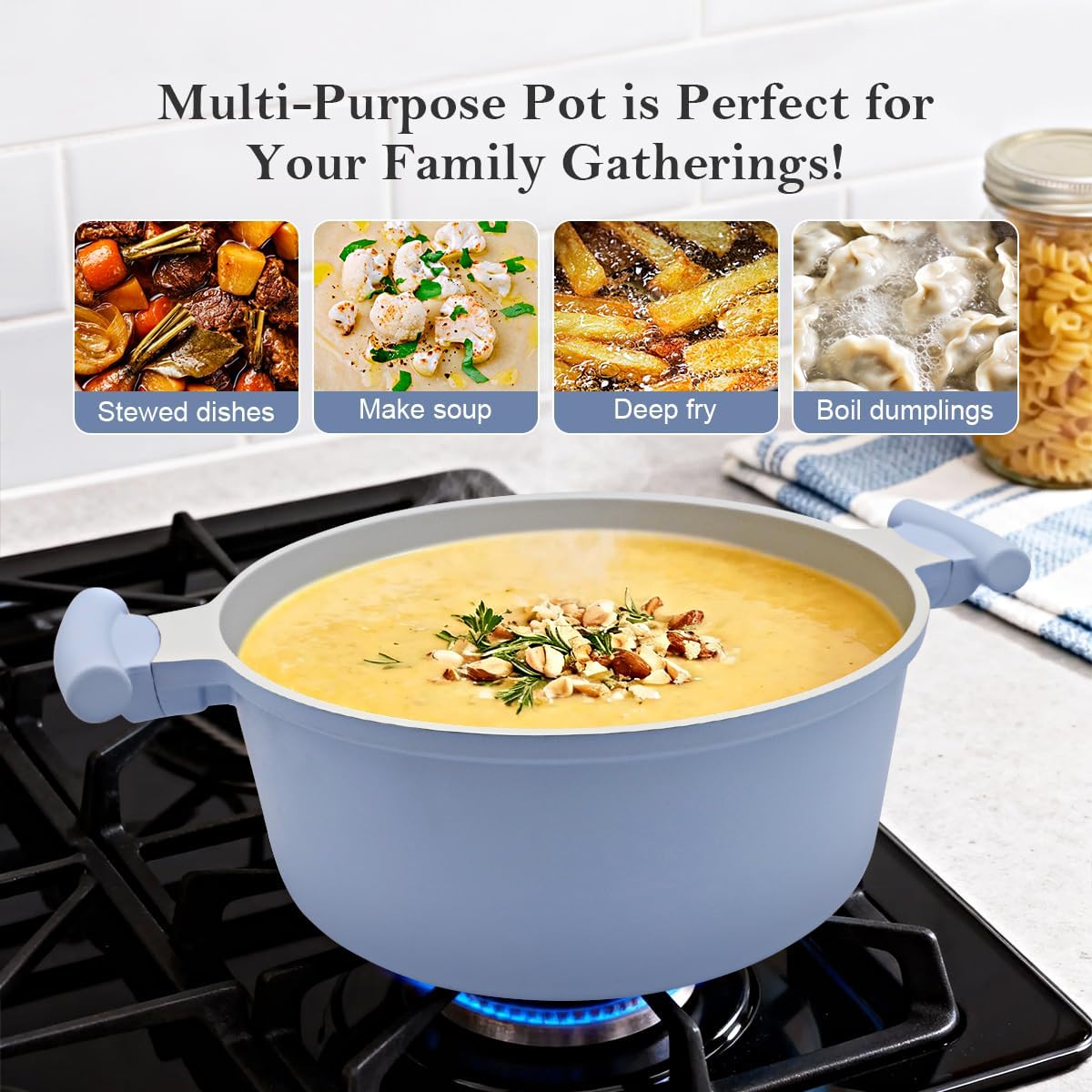 6.5 Quart Lightweight Dutch Oven Pot with Lid, Ceramic Cooking Pot Nonstick, Aluminum Cookware for Stews Braising and Frying, Induction Pot for All Stoves, Stay-Cool Handle, PFOA Free, Blue