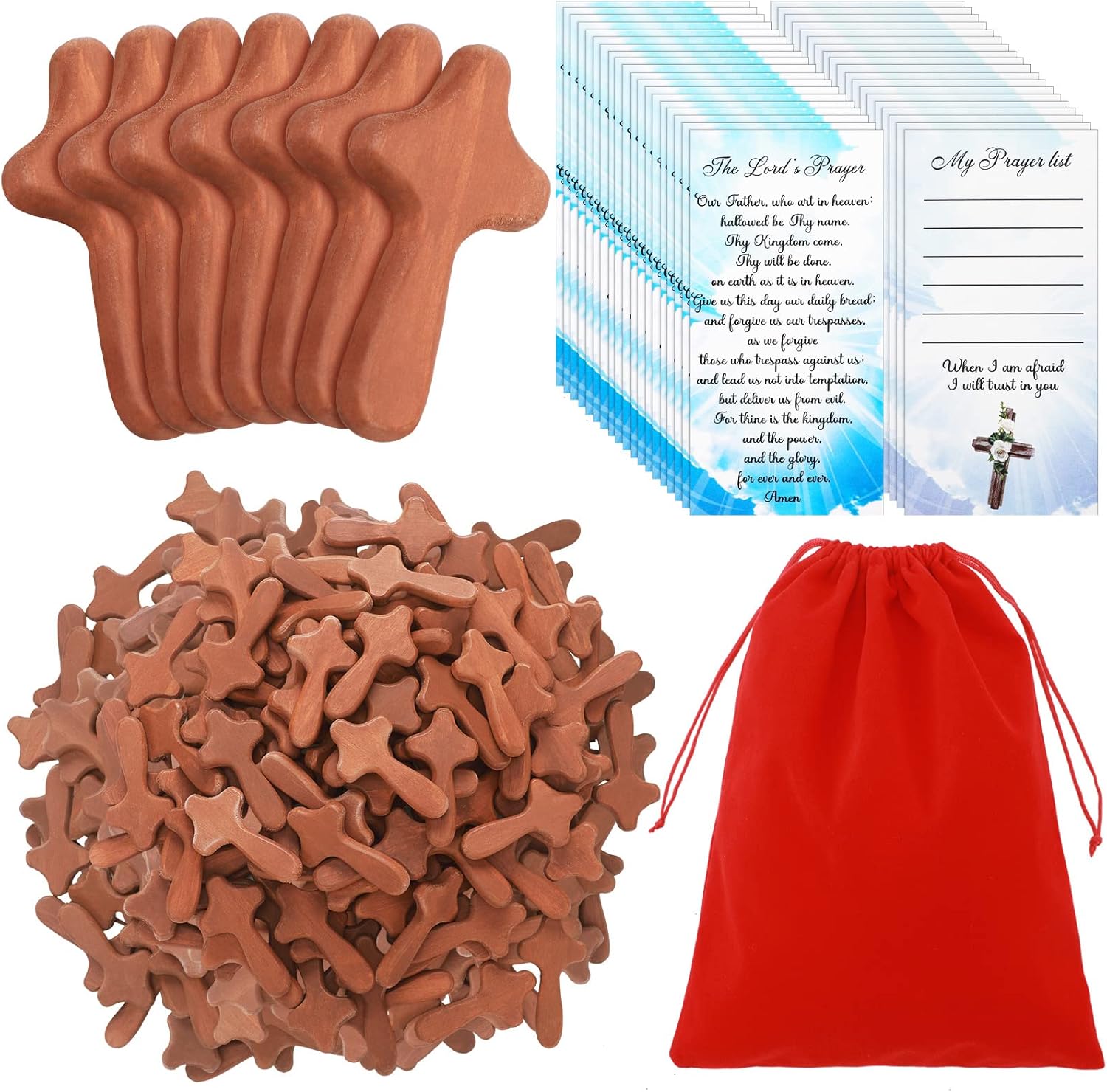 Marsui 100 Sets Mini Pocket Crosses Small Wooden Cross Holding Hand Jesus Crosses Set with Prayer Request Cards Pocket Cross Giant Red Velvet Bag for Church Easter Jesus Religious Christmas Gift