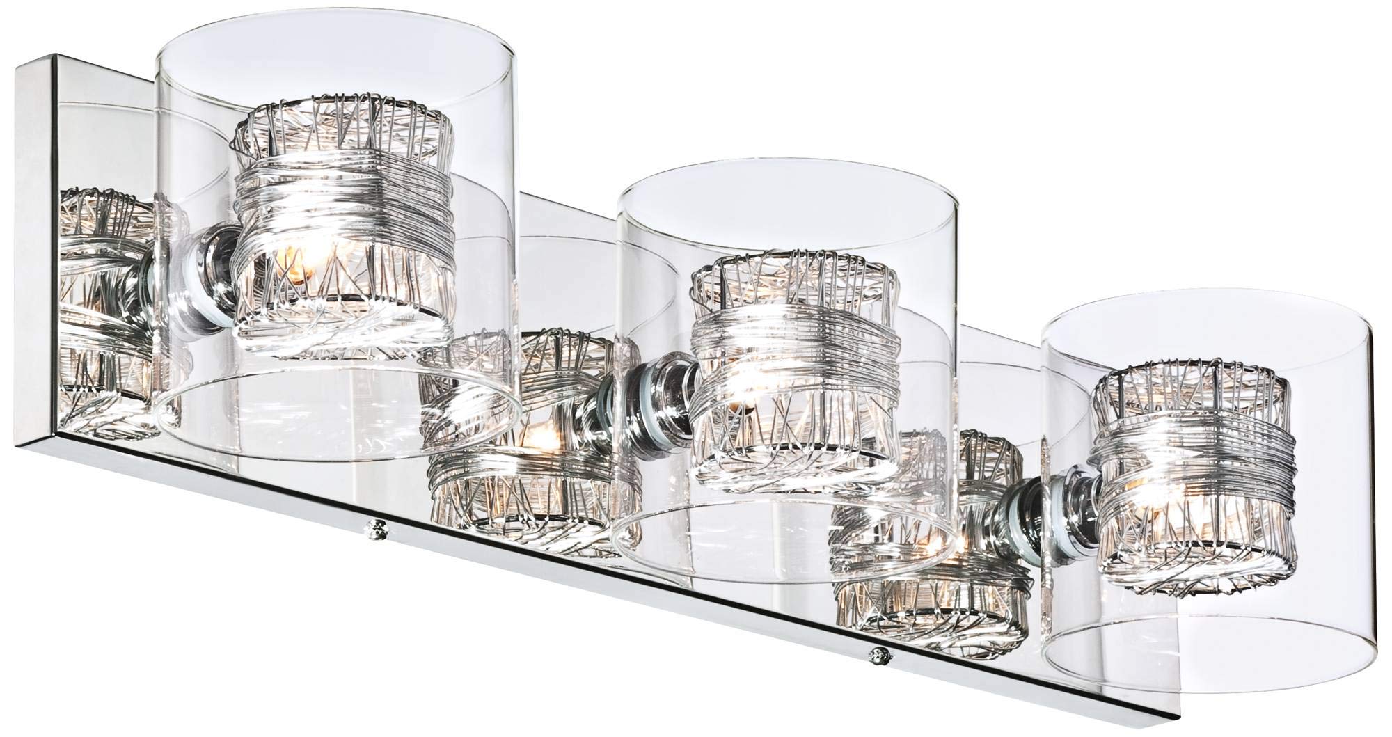 Possini Euro DesignWrapped Wire Modern Wall Light Polished Chrome Silver Metal Hardwired 22" Wide 3-Light Fixture Clear Glass Cylinder Shade for Bathroom Vanity Mirror House Home Room Decor