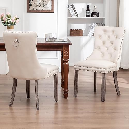 Miniatura 8 de Juego de 4 sillas de comedor de terciopelo, sillas de comedor tapizadas con ribete con tachuelas y tirador de anillo, sillas con respaldo alado con