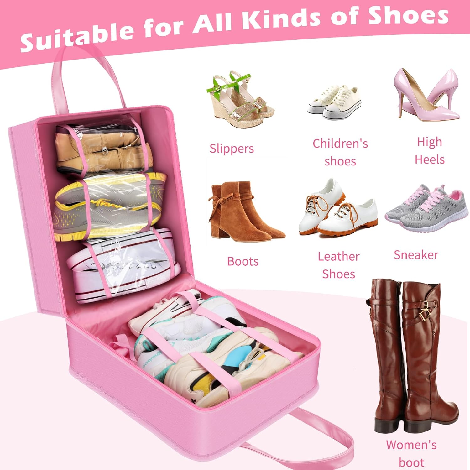 SelfTek Shoe Bags for Travel with Handle, Waterproof Large-Capacity Family Travel Shoe Bag Organizer for Multiple Shoes, Shoe Travel Bags for Packing, Suitable for Luggage Handle (pink) - Image 7