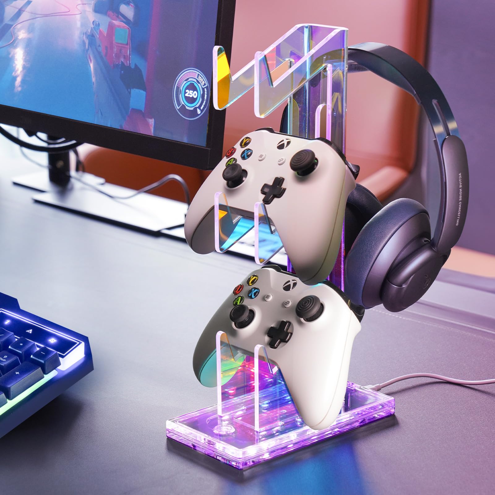 NiHome Iridescent Acrylic Multi-Tier Game Controller & Headset Holder Stand with Customizable LED Lighting, USB-Powered 7 Colors & 3 Modes, Anti-Slip Gaming Desk Organizer & Cable Management (3 Tiers)