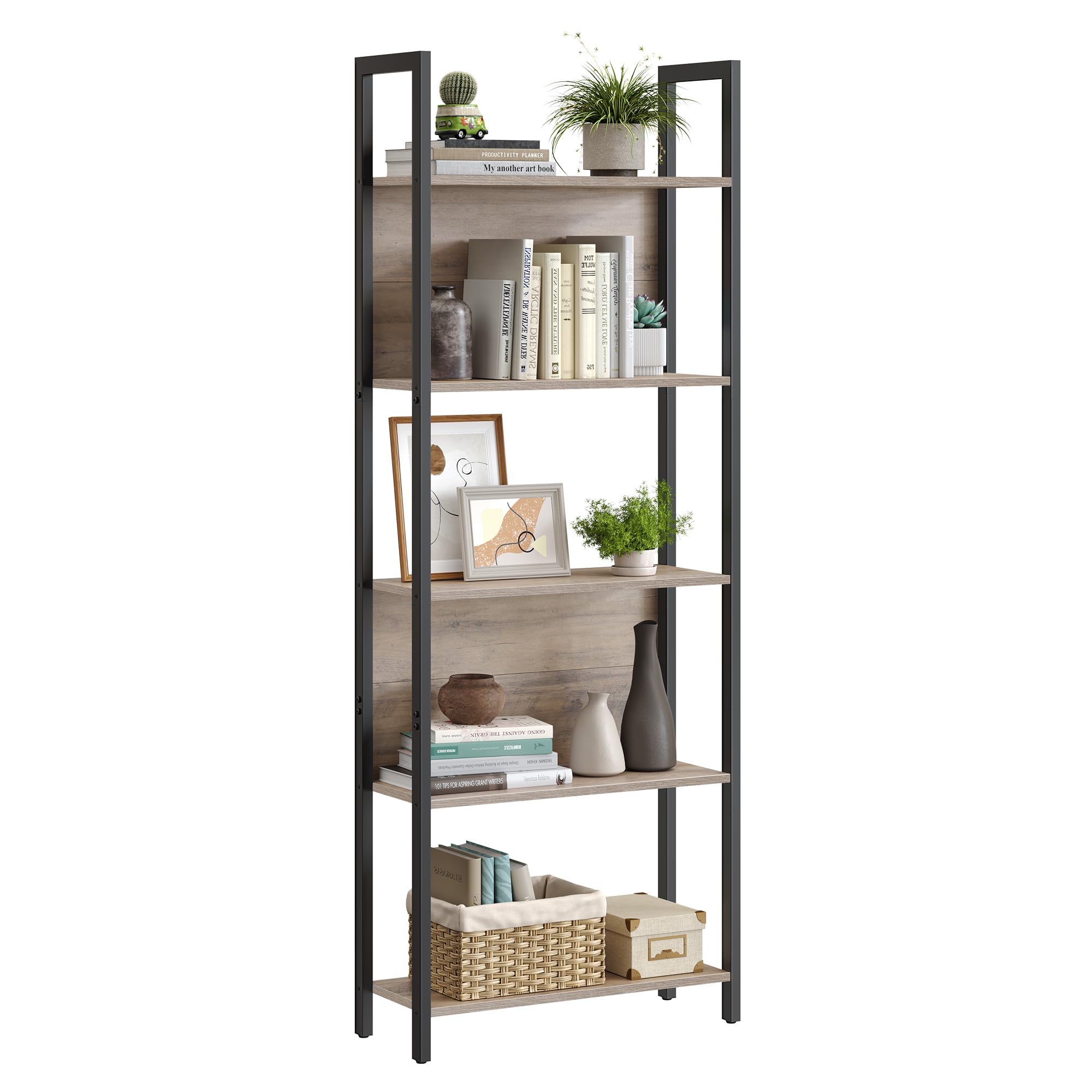 VASAGLE 5-Tier Bookshelf, Book Shelf, Industrial Bookcase, with Steel Frame, for Living Room, Home Office, Bedroom, 9.4 x 24.4 x 65 Inches, Greige and