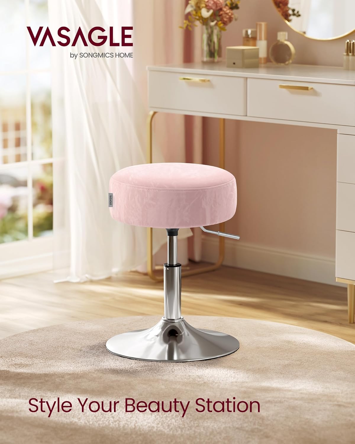 VASAGLE Adjustable Vanity Stool, Makeup Vanity Chair, 360° Swivel Ottoman Stool, PU Upholstery, Thick Cushion, for Bedroom, Kitchen, Dining Room, Modern, Jelly Pink ULJB120S01