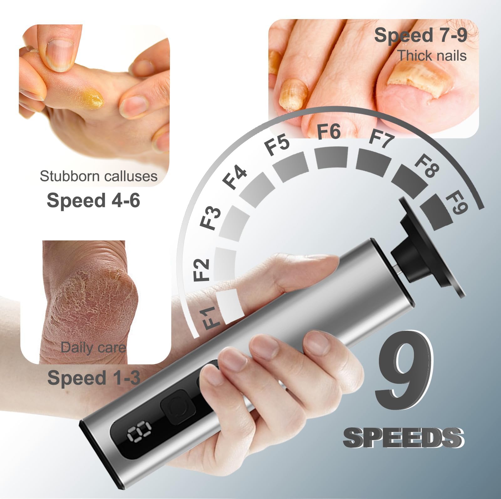 Removedor eléctrico de callos para pies, recargable de 1800 mAh, herramienta de pedicura de 500 RPM con par de torsión de 3,5 kg, lima de pies ultra silenciosa de 68 dB para una piel suave (gris)