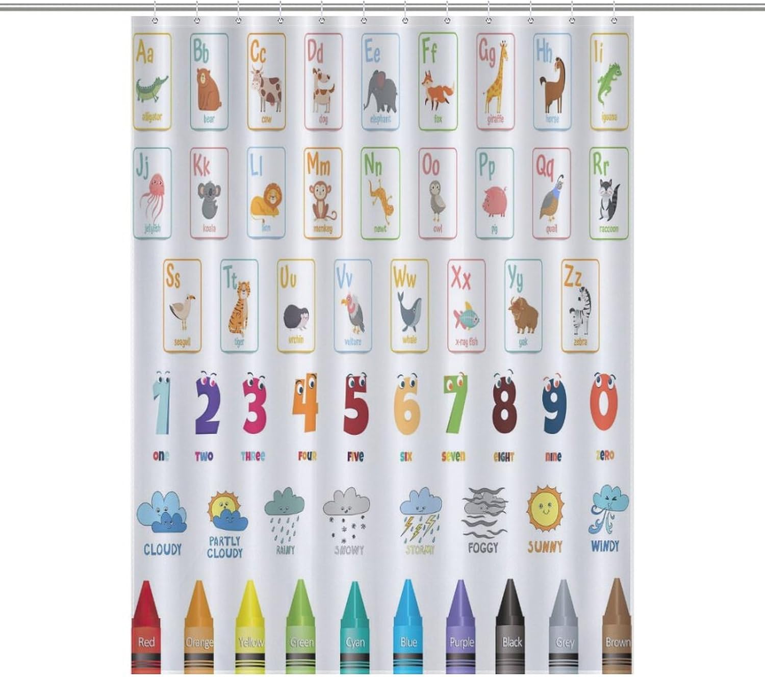 Kids Alphabet ABC Shower Curtain, Cartoon Animal Colorful Crayon Classroom Printed Shower Curtain Sets for Bathroom Fabric Bath Curtain 12 Hook 55x72Inch（140x183cm）