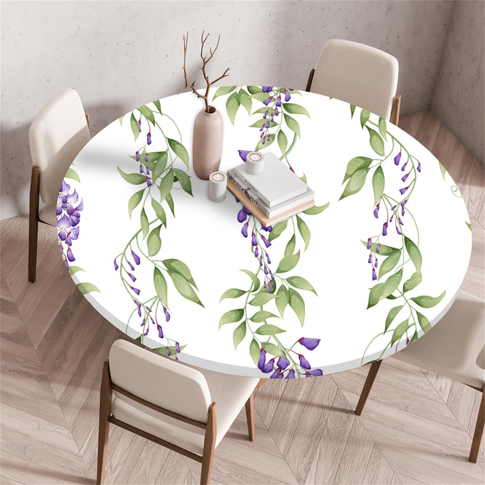 Muiuou Round Tablecloth, Flower Printing Reusable Wipeable Waterproof Oil-Proof Elastic Edged Circle Tablecloth, Fitted Kitchen Restaurant Picnic Home Decoration (Diameter 90cm,Style 12)