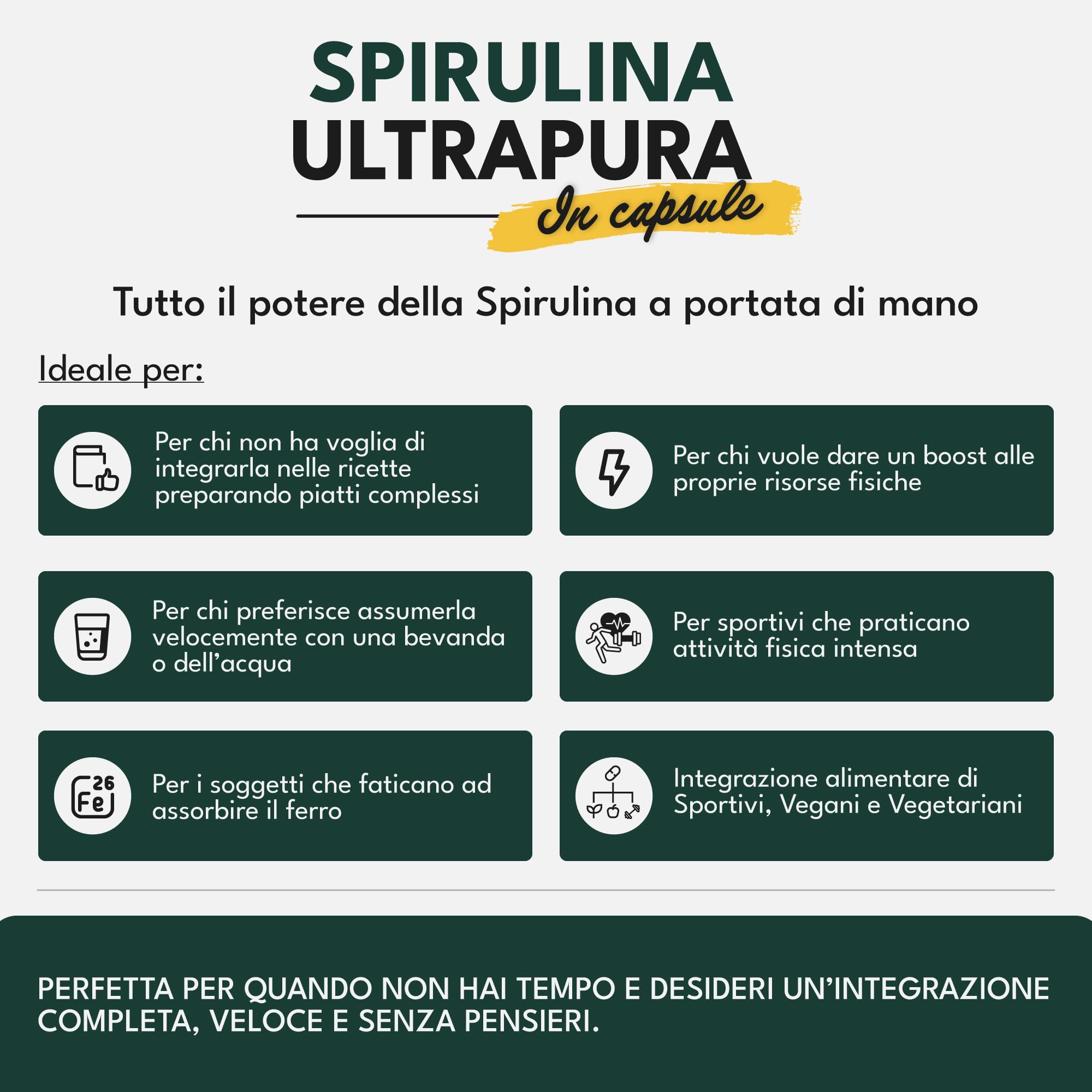 ETHOS Spirulina Ultrapura in Capsule - Alga Spirulina Pura Prodotta e Confezionata in Italia, Superfood Naturale per Performance e Benessere, Facile Assunzione, Integratore Vegan, 100 Capsule da 650mg