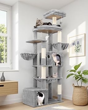 Globlazer Cat Tree Tower Large for Indoor Cats 193 cm with 2 Spacious Cat Caves, Extra-Large Hammock, Platform Large Lounging Area, Stable Cat Tree Tower XXL for Heavy Cats Adult S76B, Light Gray