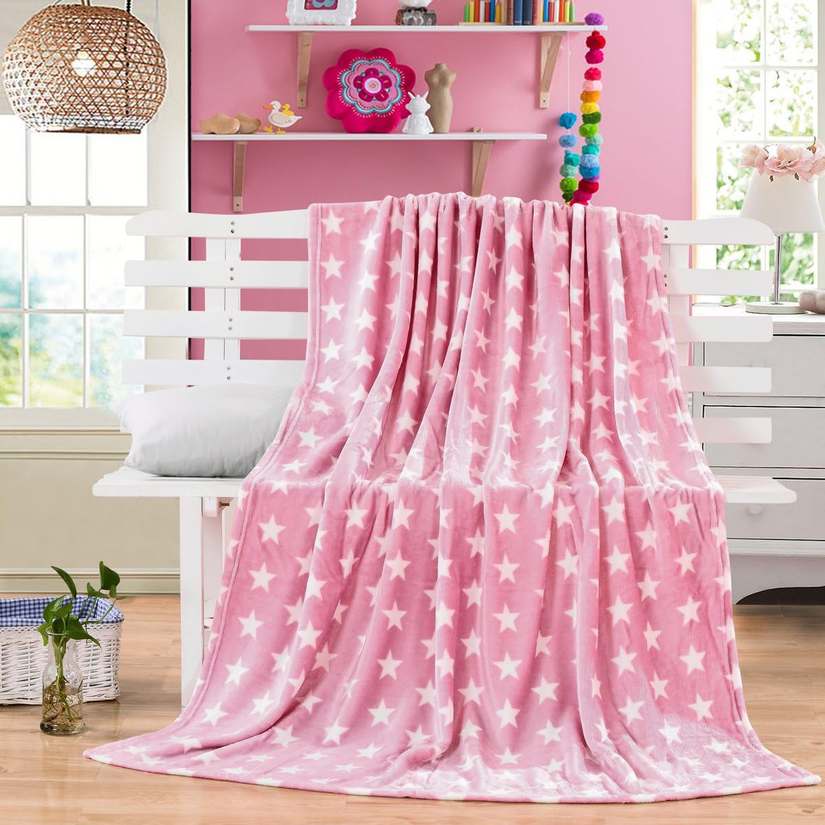 HYSEAS Flannel Fleece Star Throw Blanket Pink - Soft Plush Cozy Fuzzy Microfiber Blanket for Couch, Bed, Chair, Sofa - All Seasons Lightweight - 50x60 Inch - Image 2