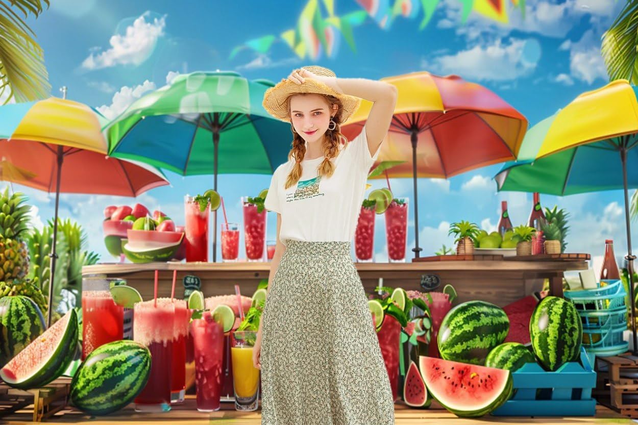 10x8ft Summer Watermelon Farmers Market Backdrop Fresh Watermelon Juice Colorful Stand Cool Summer Photography Background Kids Birthday Shower Party Decoation Banner Portrait Props image 3