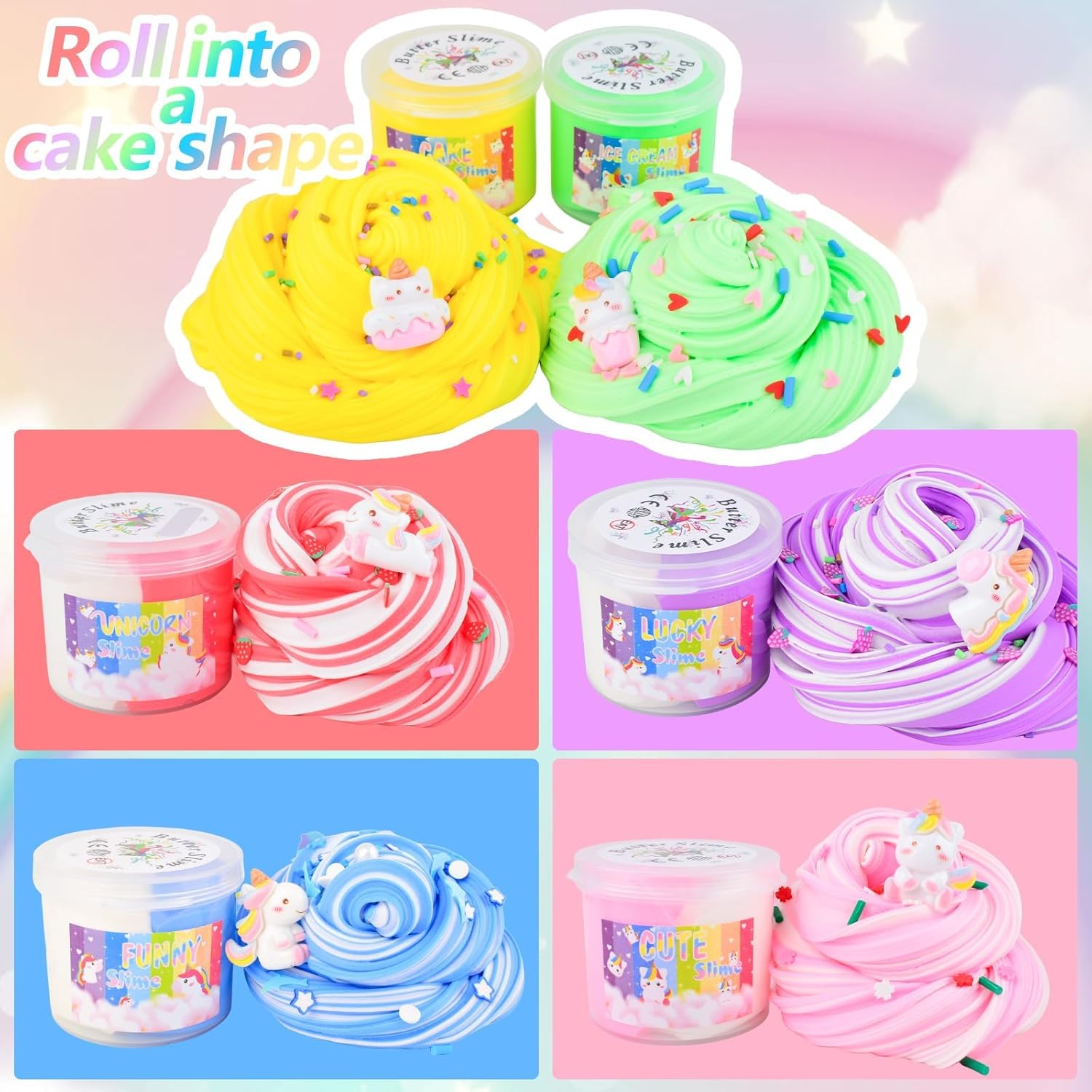 Unicorn Butter Slime Kit 6 Pack - Dreamy Charms & Slime Add-ins, Soft Non-Sticky Stress Relief Toys for Girls Boys, Classroom Rewards, Birthday Party Favors for Kids Ages 8-12