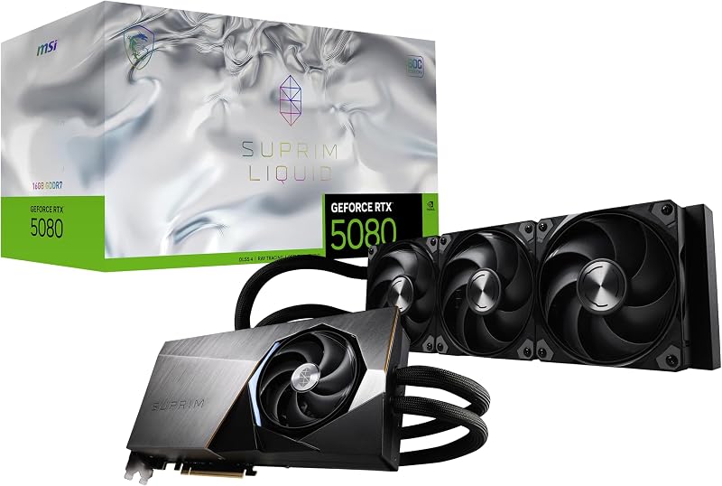 msi Gaming RTX 5080 16G SUPRIM Liquid SOC Graphics Card (16GB GDDR7, 256-bit, Extreme Performance: 2760 MHz, DisplayPort x 3 2.1a, HDMI 2.1b, NVIDIA Blackwell Architecture)