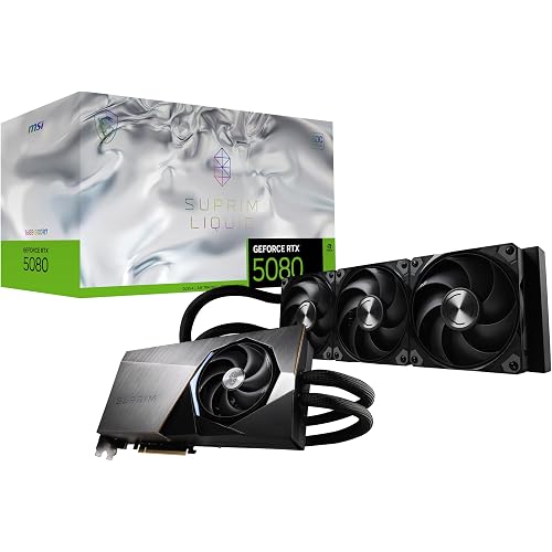 msi Gaming RTX 5080 16G SUPRIM Liquid SOC Graphics Card (16GB GDDR7, 256-bit, Extreme Performance: 2760 MHz, DisplayPort x 3 2.1a, HDMI 2.1b, NVIDIA Blackwell Architecture)