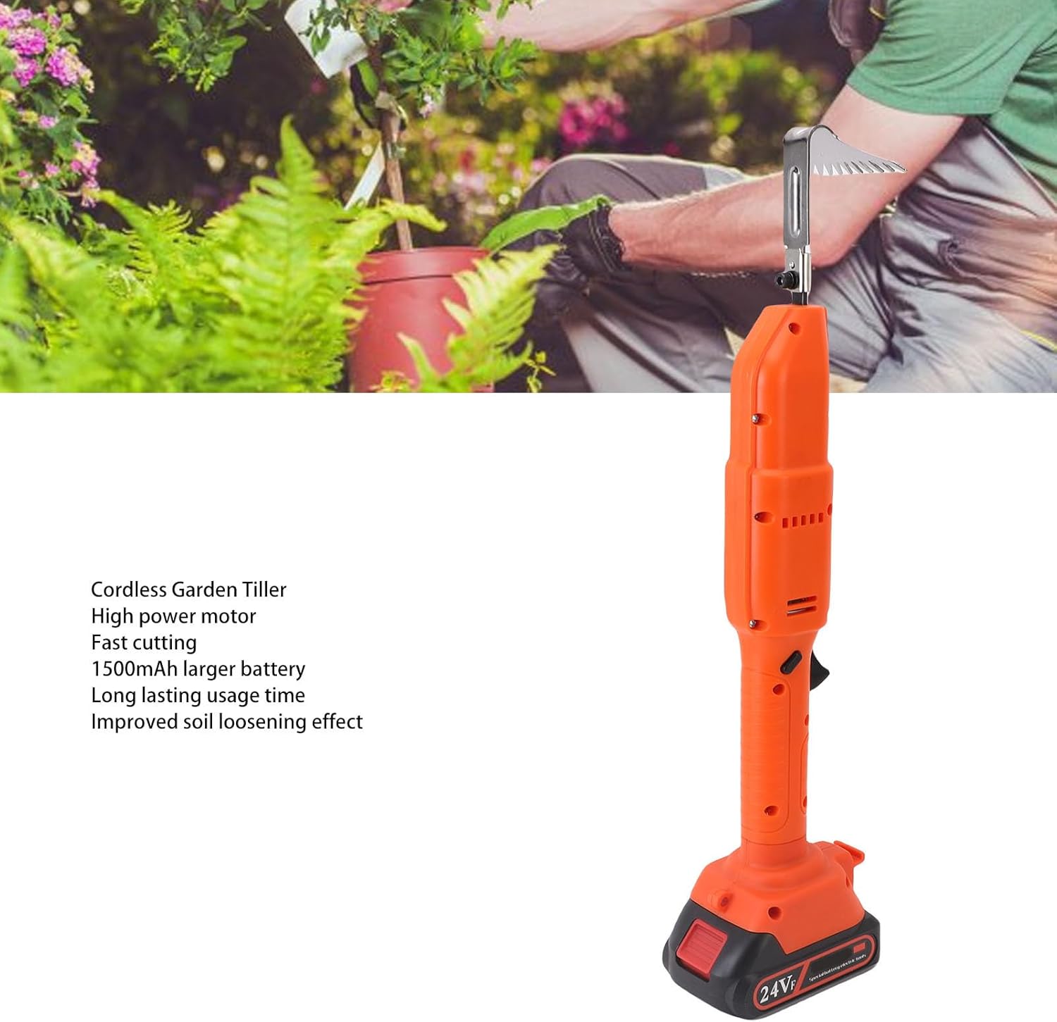 TOPINCN Cordless Tiller Cultivator Aluminum Alloy ABS Cordless Tiller Cultivator Garden Rototiller for Lawn Gardening Soil Cultivation (US Plug)