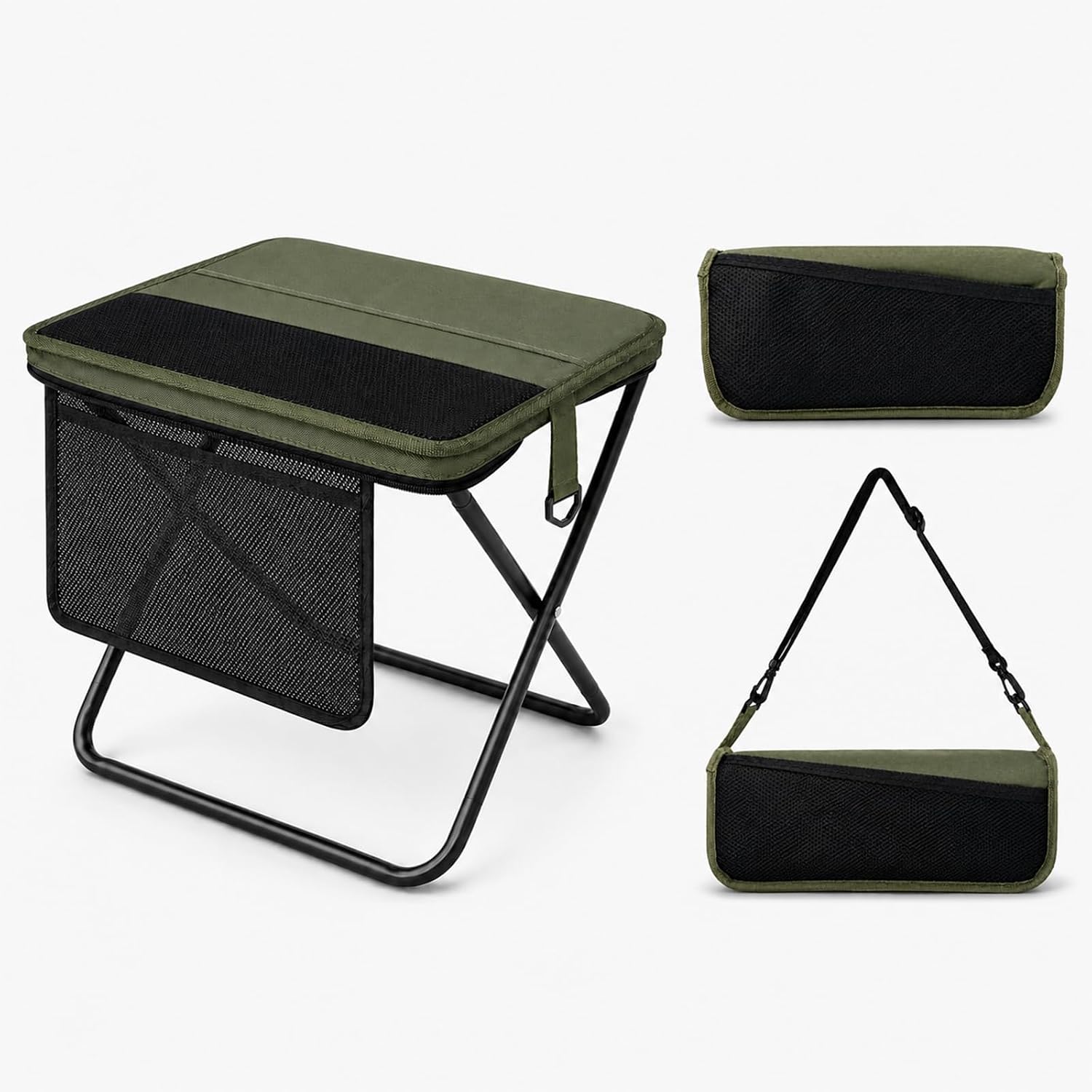 Portable Folding Stool for Adults, Foldable Backpack Stool with Shoulder Strap, 1.77 lb Lightweight Camping Stool with Side Pocket, Travel Seat for Fishing, Hiking, Gardening, Festivals, Green, 1 Pack